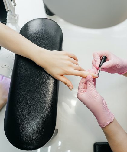 Top view of process of manicure, salon.